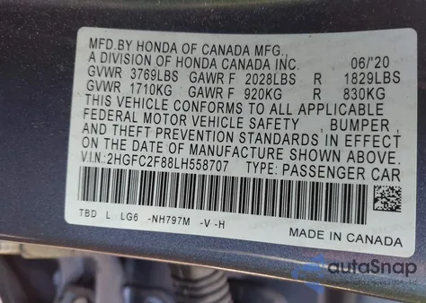 2020 Honda Civic Sport from USA, damaged, VIN 2HGFC2F88LH558707